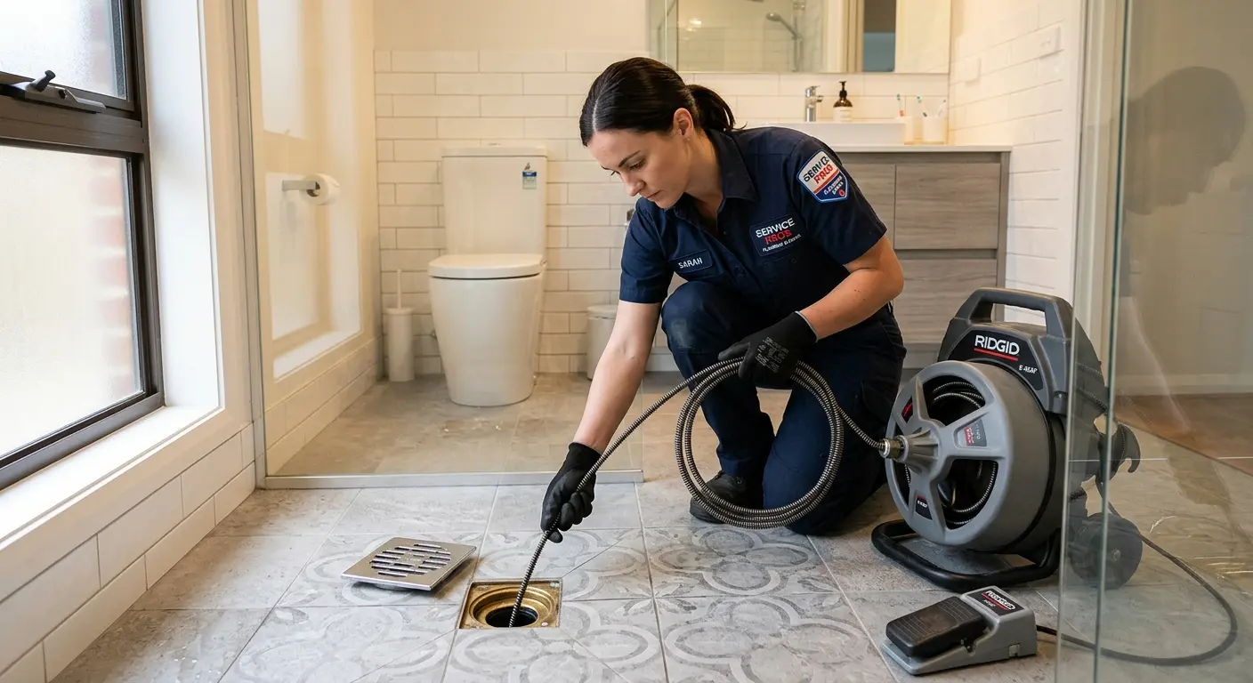 Technician clearing a bathroom floor drain for Sewer Line Installation in Idylwood